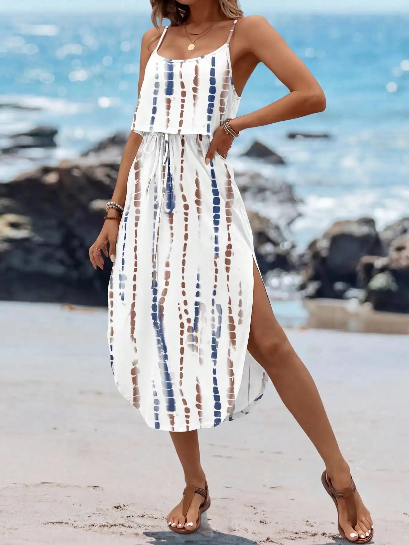 Boho Spaghetti Strap Midi Dress With Waist Slit For Summer
