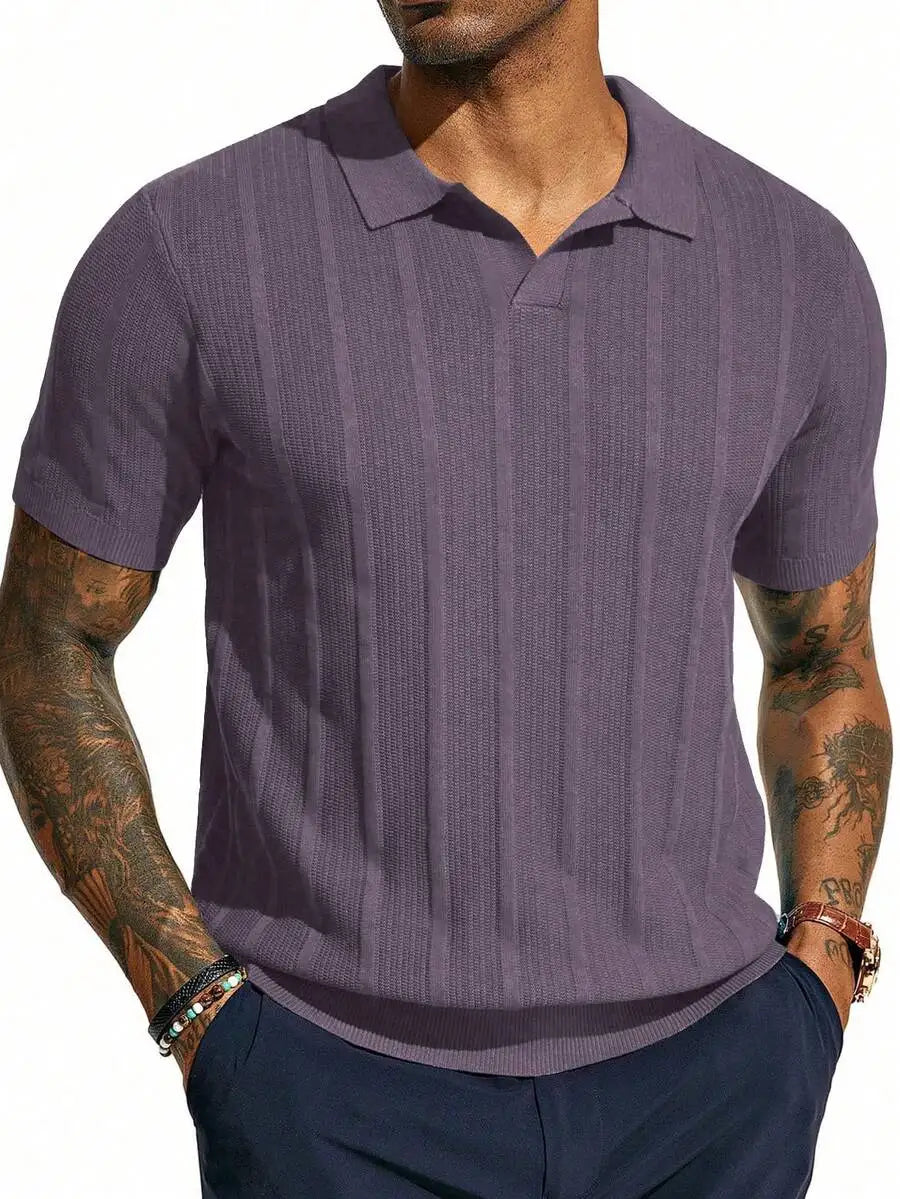 Men's Short-Sleeve Knitted Polo Shirt With Vertical Ribbed Texture