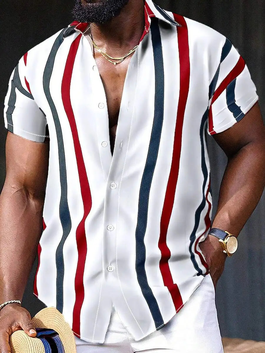 Vertical Stripe Short Sleeve Button Up Shirt Casual Summer
