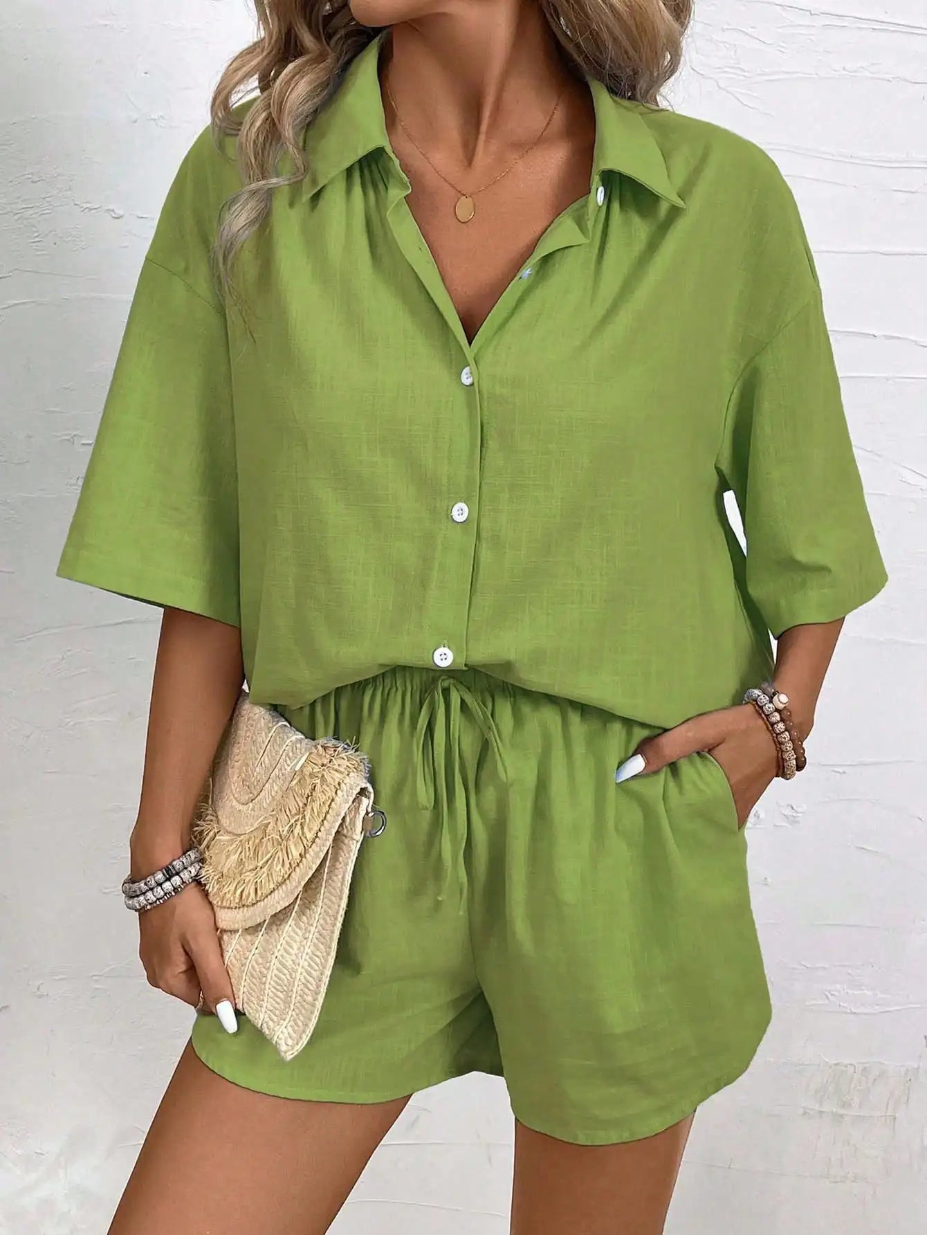 Two Piece Button Front Shirt And Drawstring Shorts Set