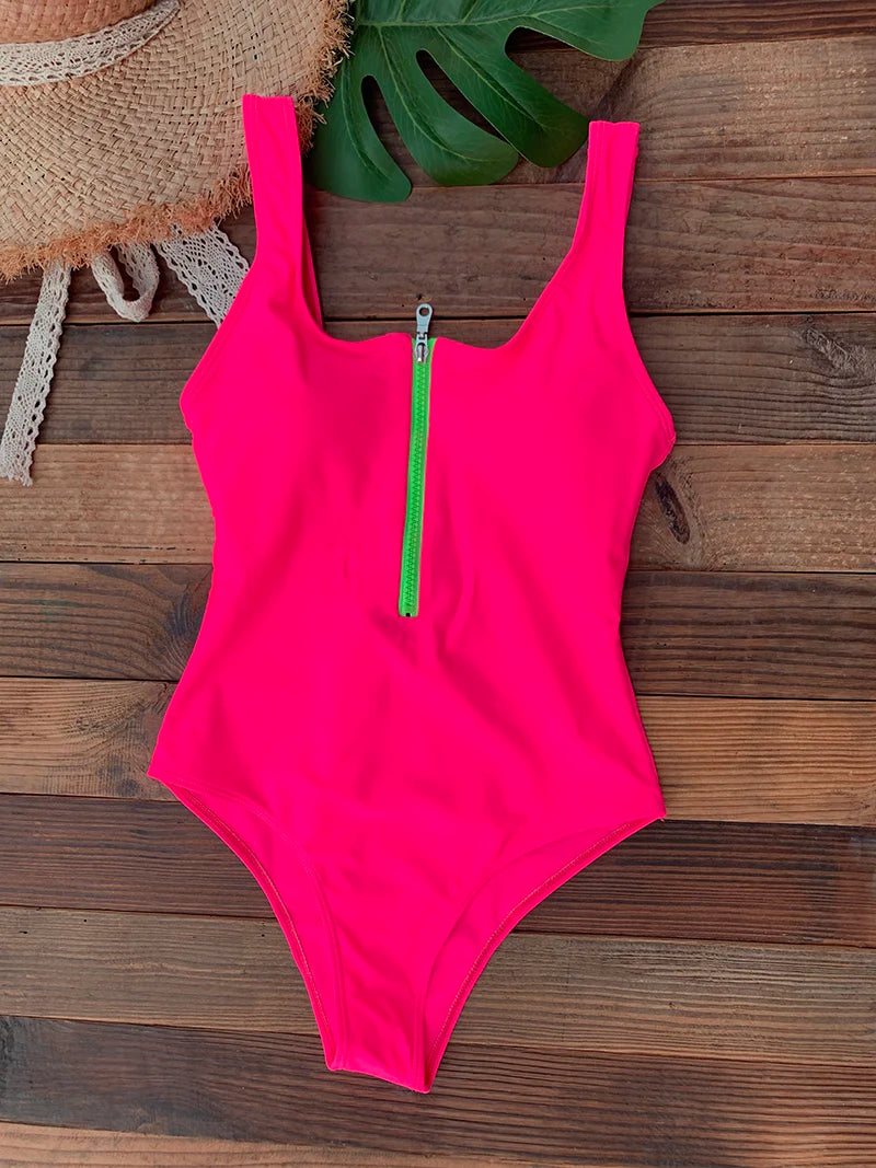 Front Zip Up One Piece Swimsuit Monokini Backless Beachwear Women