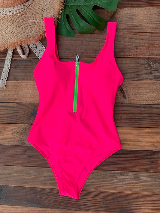 Front Zip Up One Piece Swimsuit Monokini Backless Beachwear Women