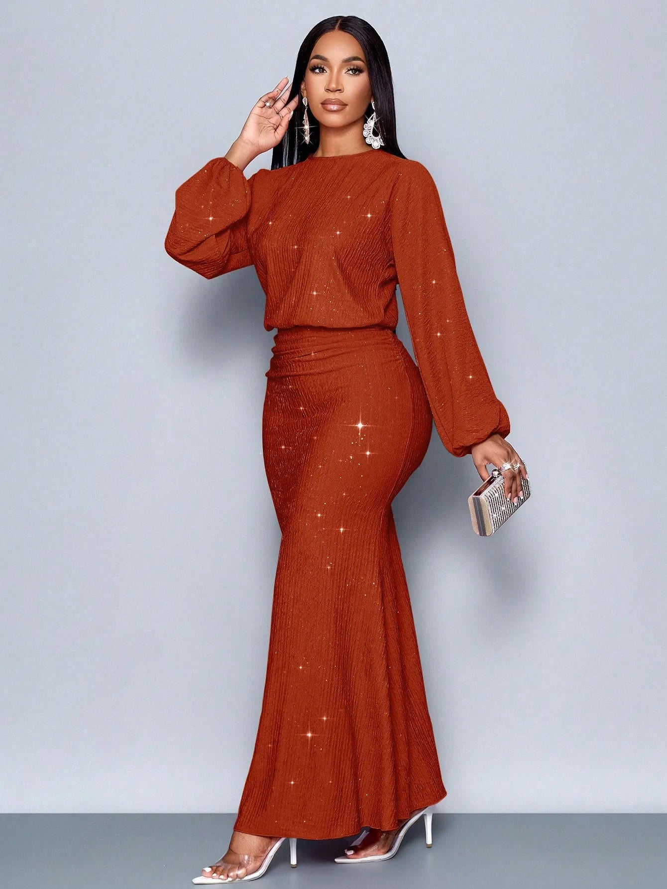 Mermaid Hem Bodycon Maxi Dress With Sequins And Puff Sleeves
