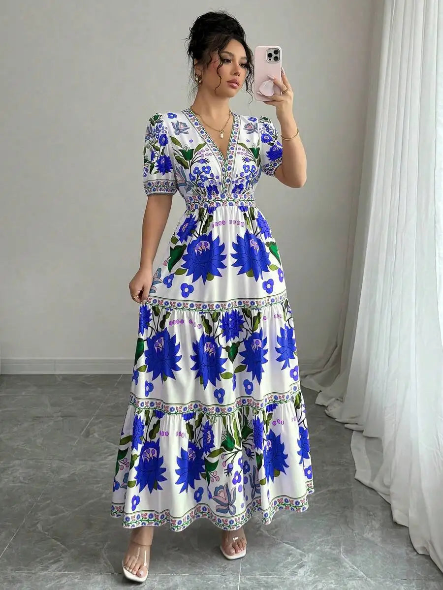 Floral V Neck Maxi Dress With Puff Sleeves For Holiday