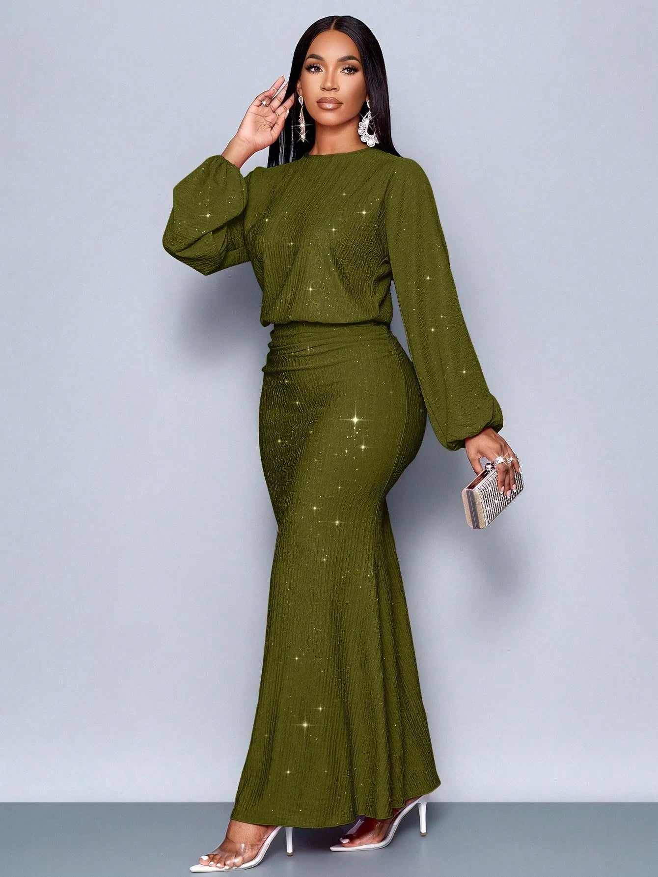 Mermaid Hem Bodycon Maxi Dress With Sequins And Puff Sleeves