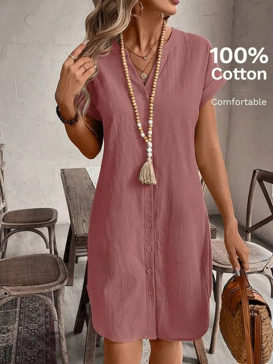 Women's Button Front Short Sleeve Mini Dress 100 Percent Cotton
