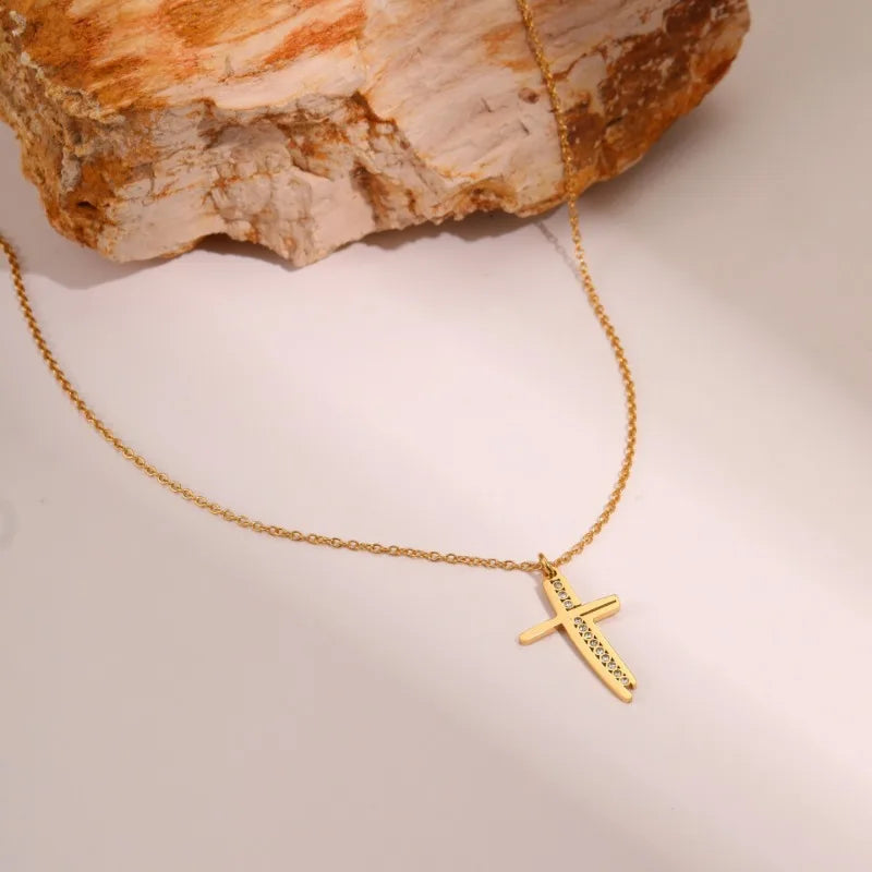 Cross Pendant Necklace Stainless Steel Zircon Chain for Women