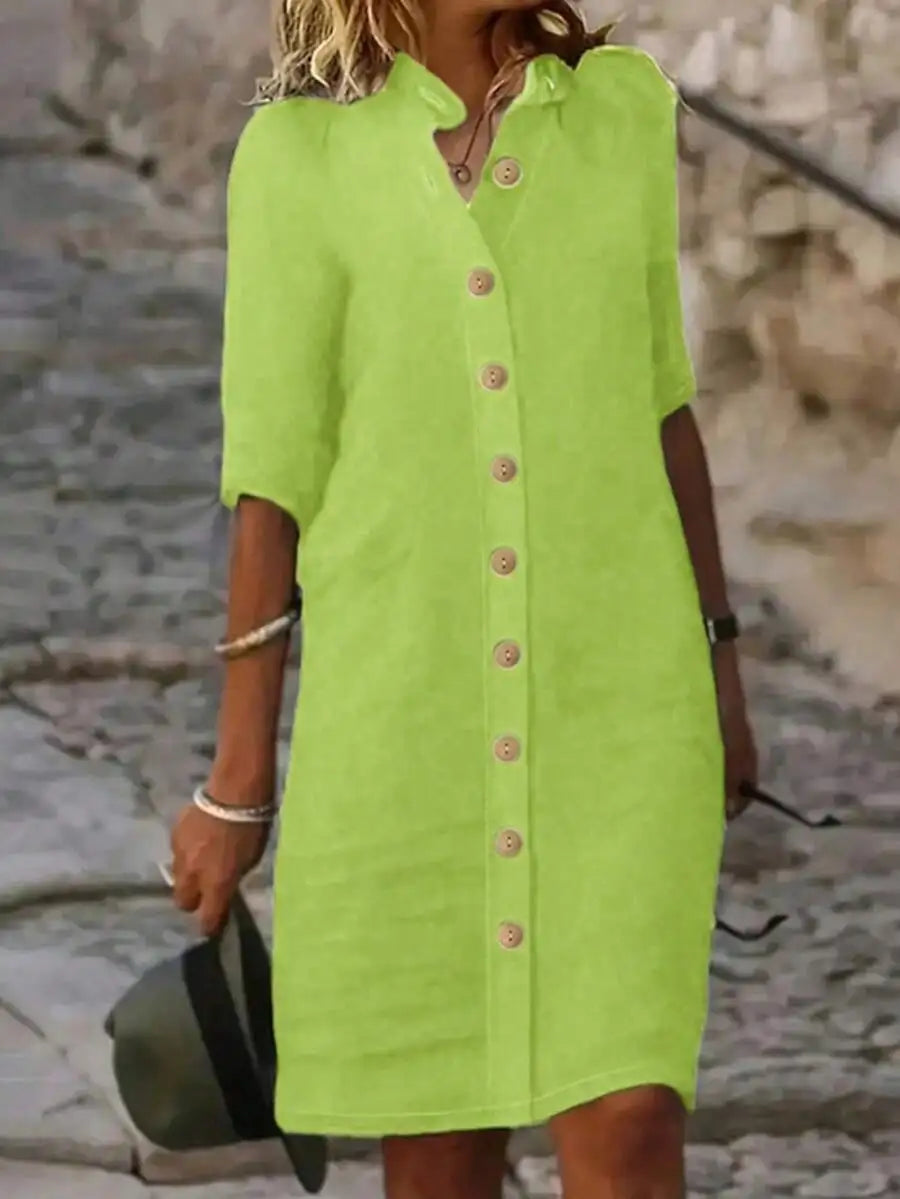 Button-Down Midi Dress With Mandarin Collar And Short Sleeves