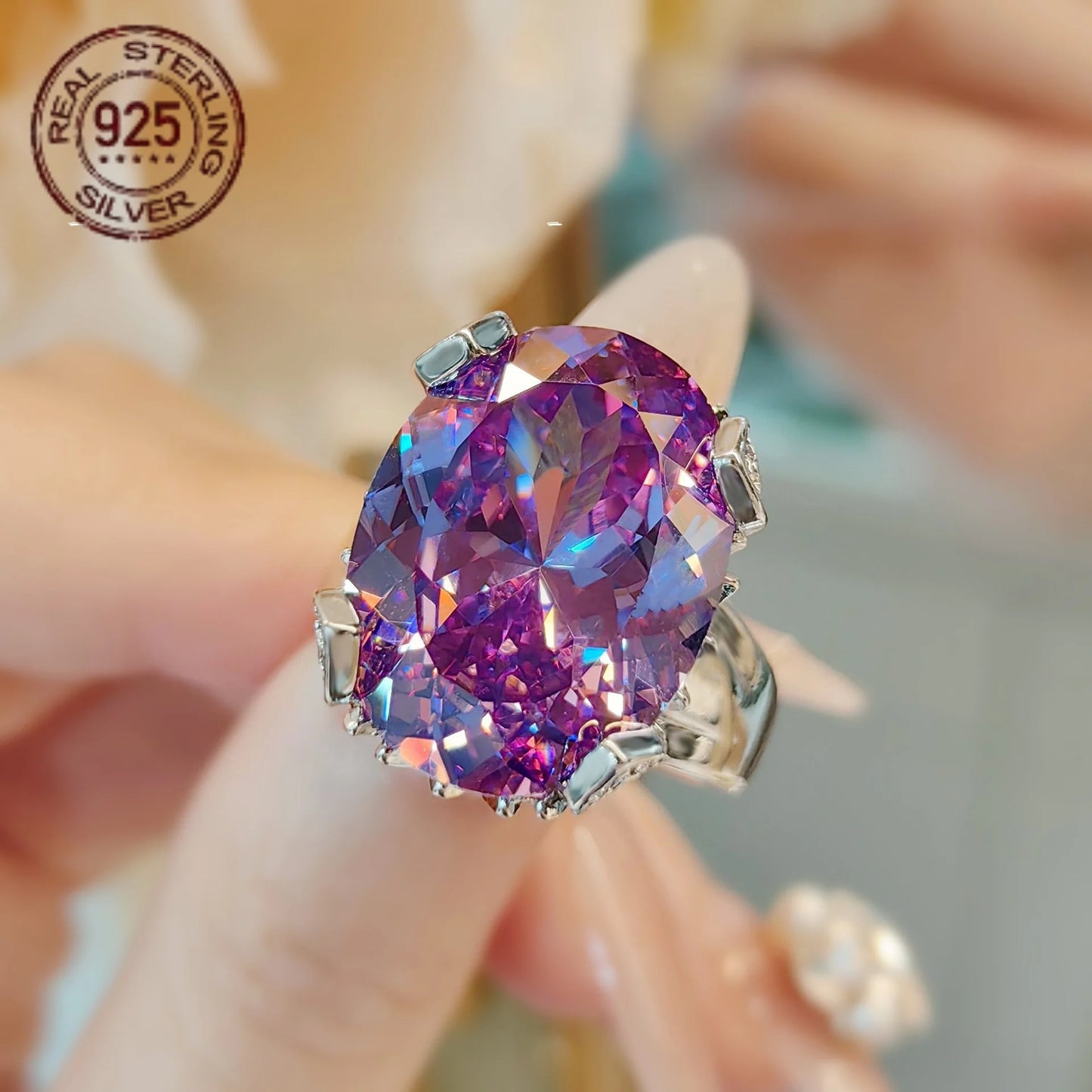 Sterling Silver Zircon Ring Oval Cut Prong Set