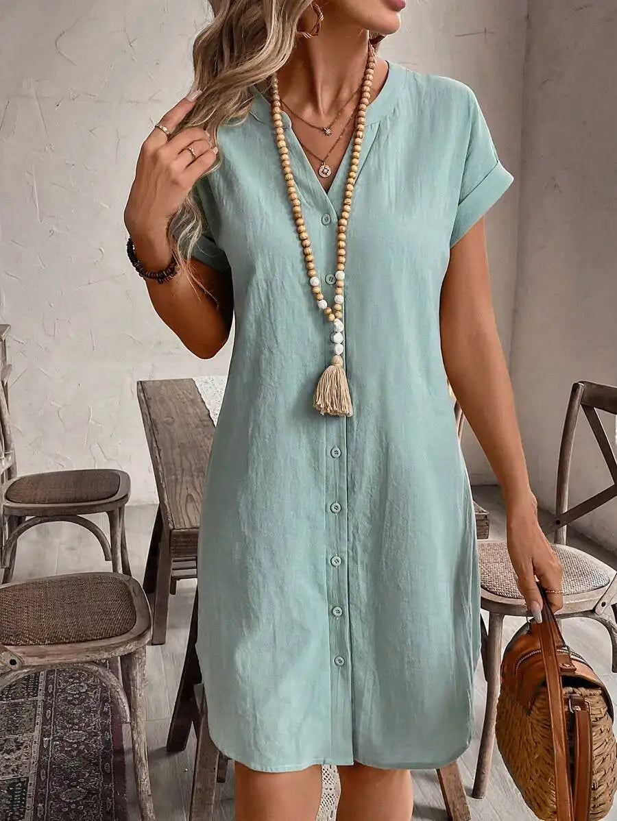 Women's Button Front Short Sleeve Mini Dress 100 Percent Cotton