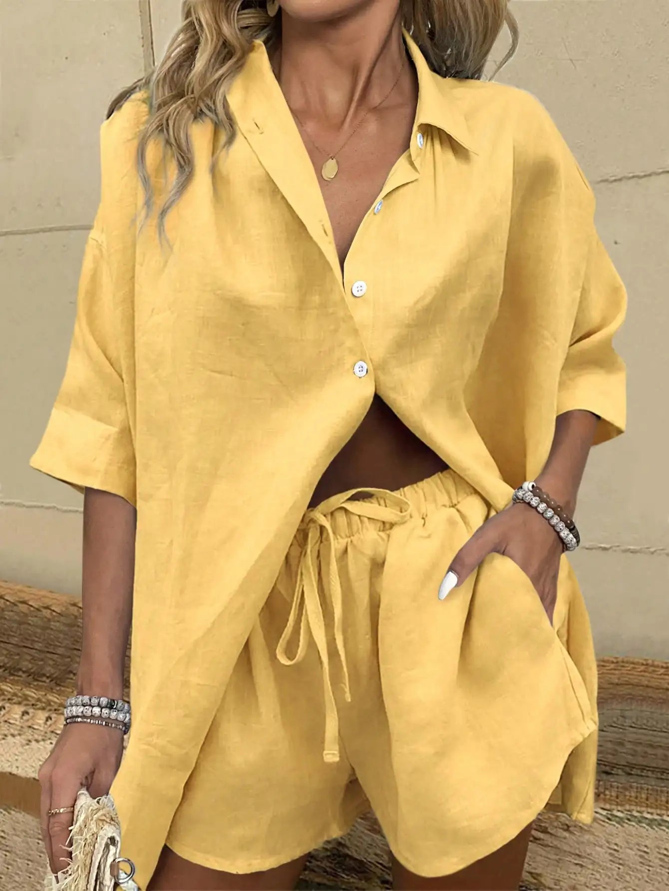 Two Piece Button Front Shirt And Drawstring Shorts Set