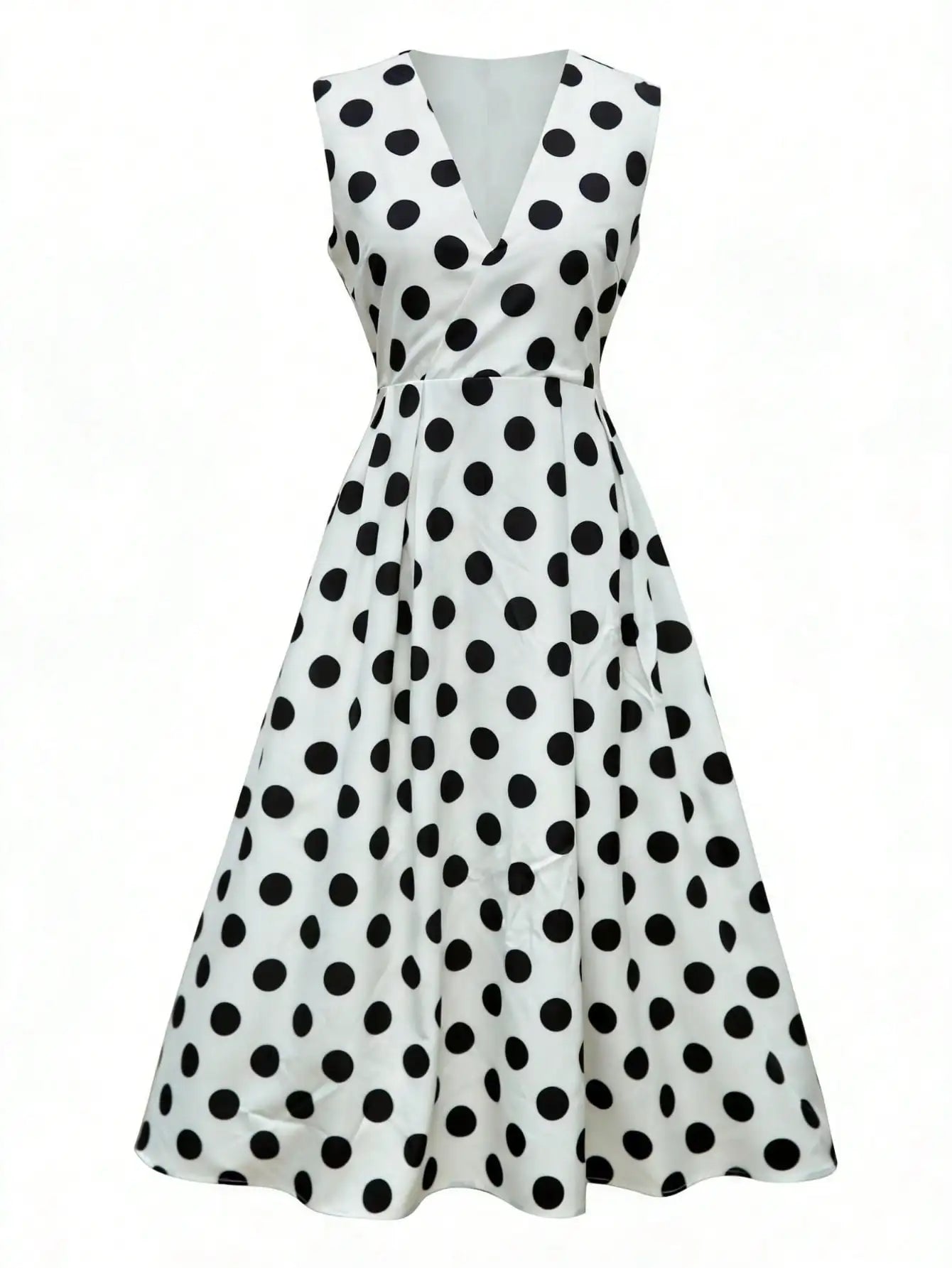 Polka Dot V Neck Sleeveless Wrap Dress With Waist Tie Midi