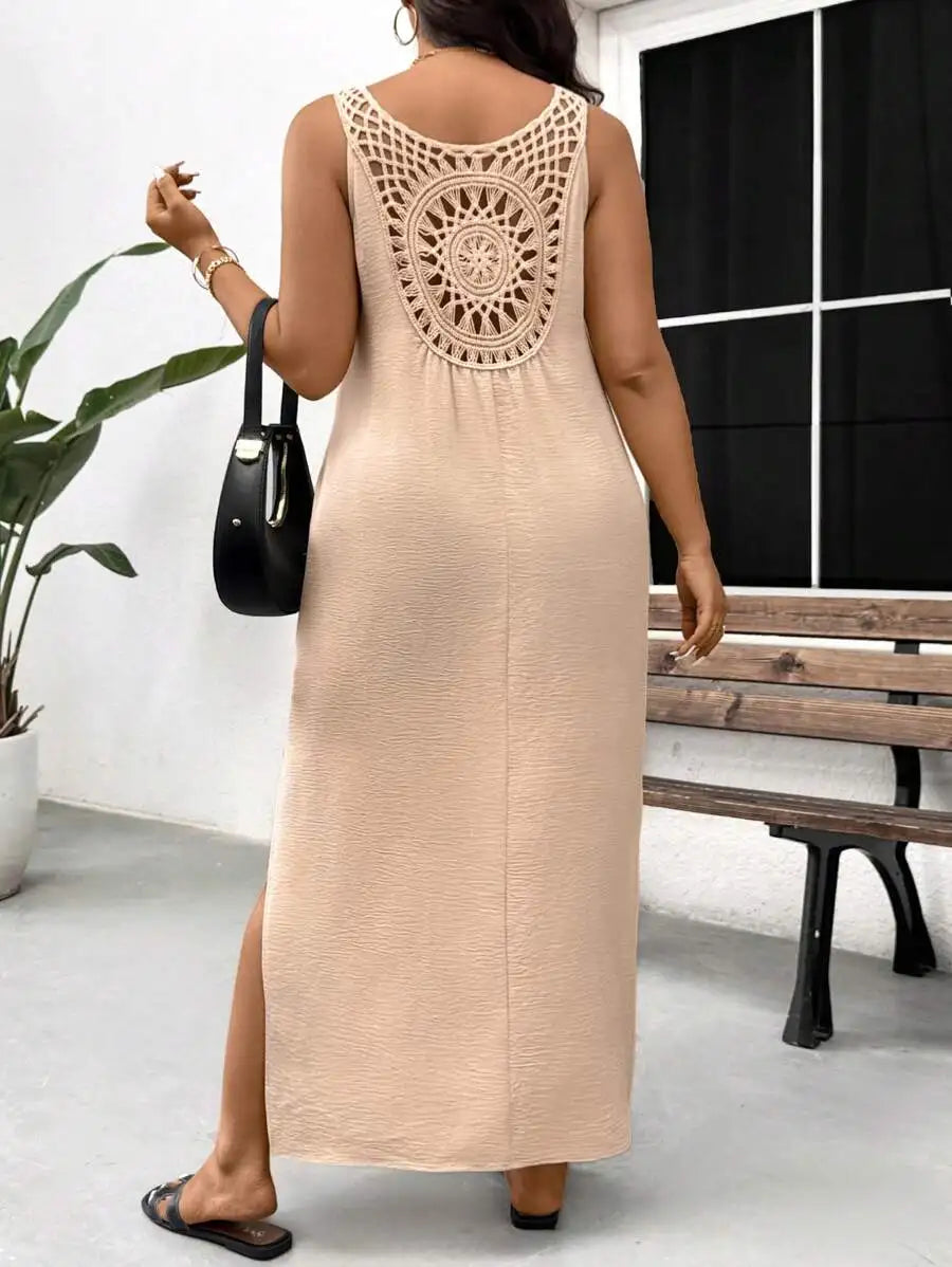 Sleeveless Maxi Dress With Crochet Back And Side Slit