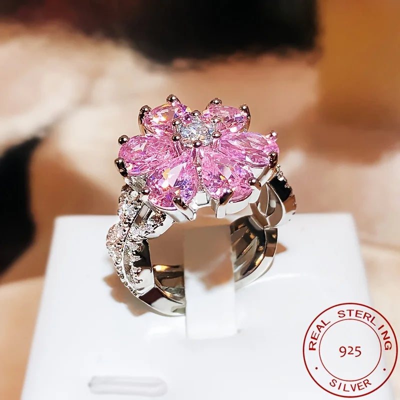 Sterling Silver Ring For Women Zirconia Pink Flower