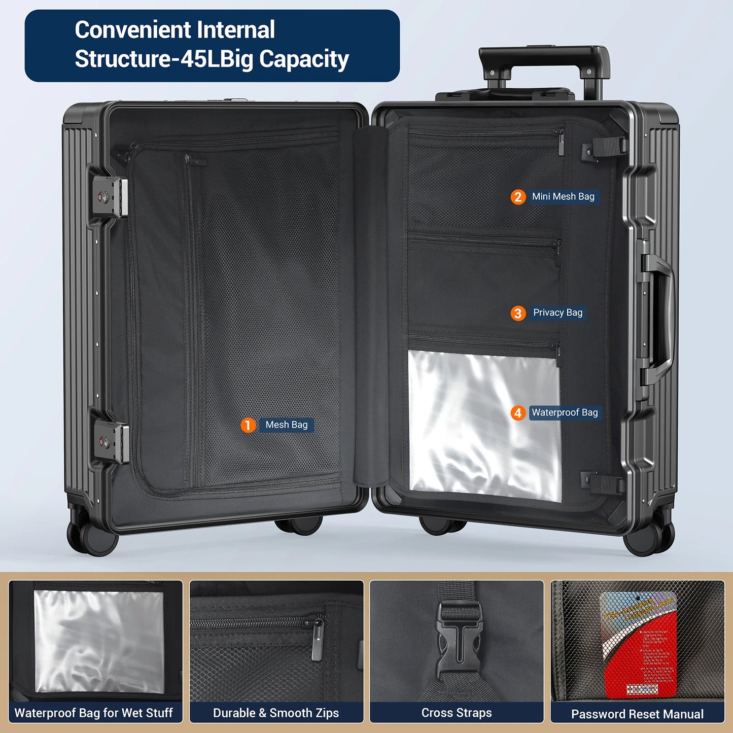 Airline Approved Carry-On Luggage Aluminum Framed With Laptop Compartment