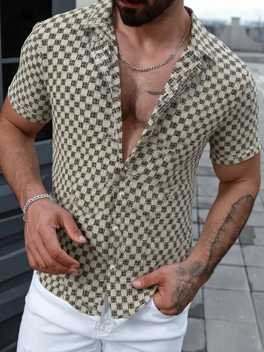 Men Short Sleeve Open Front Checkered Casual Shirt Lightweight Summer