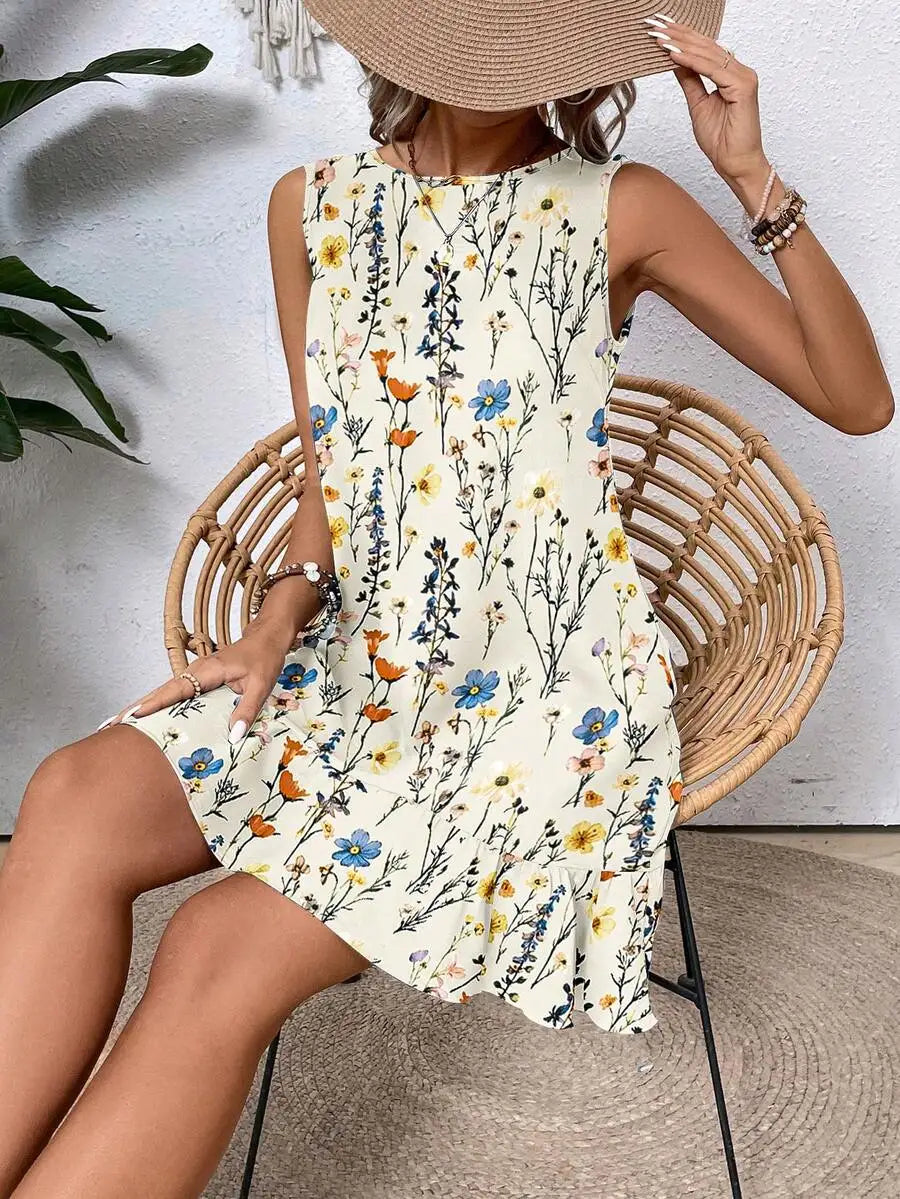 Solid Sleeveless Round Neck Dress With Ruffled Hem