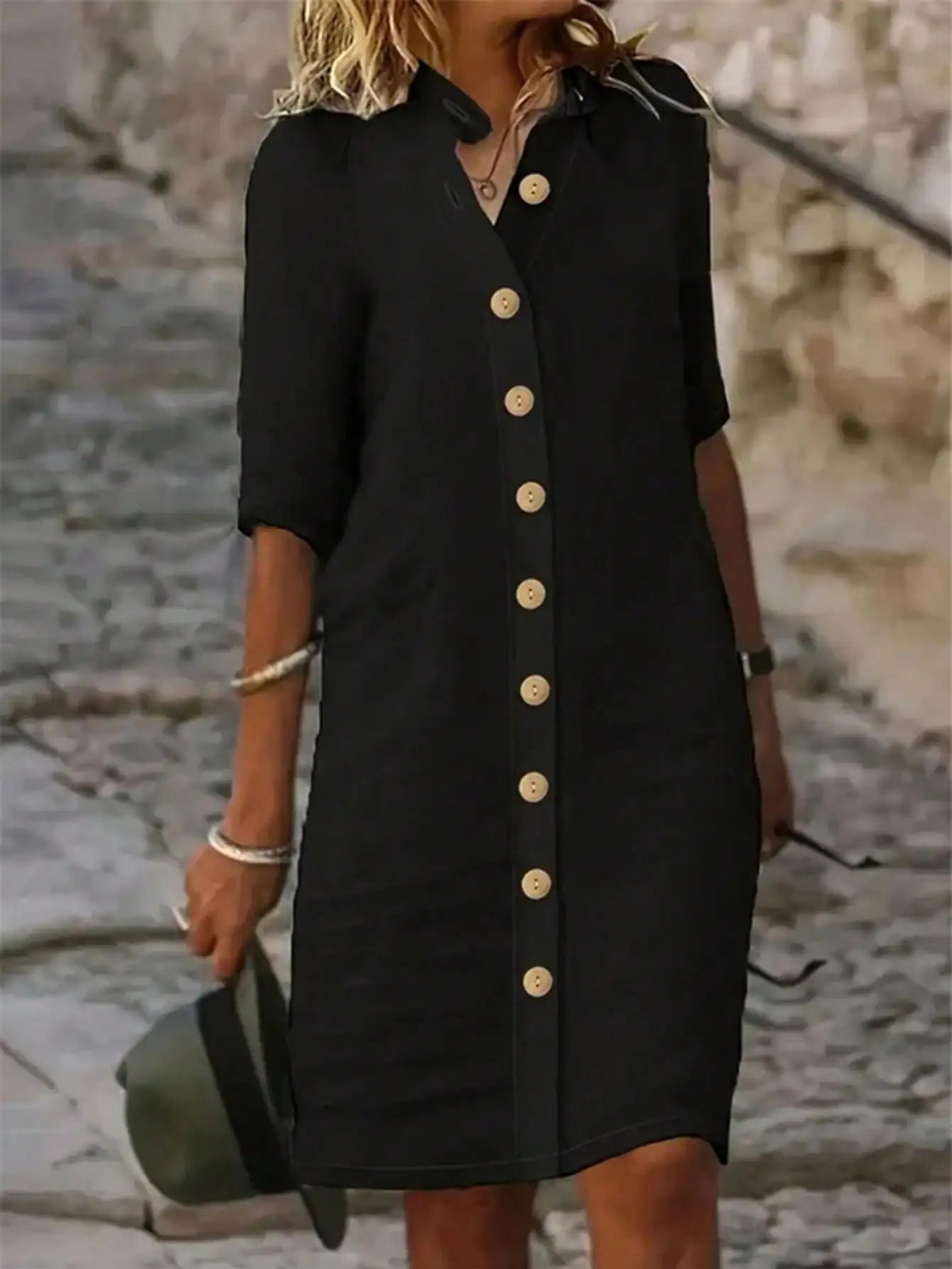 Button-Down Midi Dress With Mandarin Collar And Short Sleeves