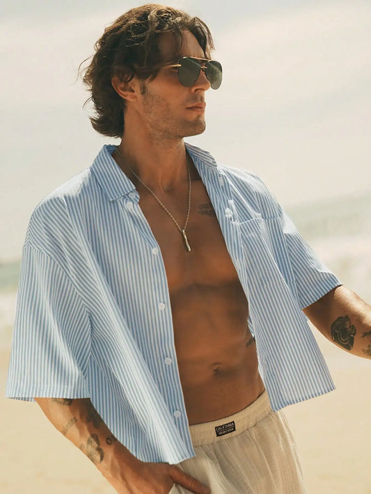 Men's Lightweight Woven Striped Short Sleeve Casual Shirt