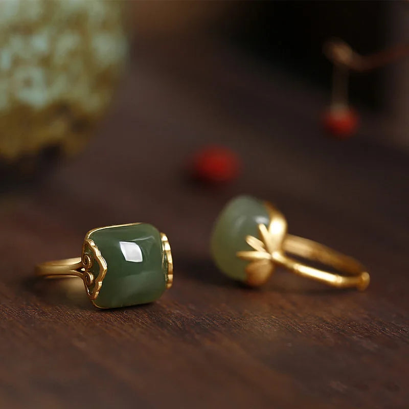 Sterling Silver Hotan Jade Geometric Ring For Women