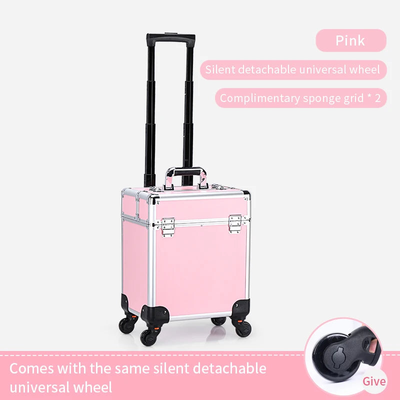Aluminum Rolling Makeup Case Lockable Cosmetic Trolley With Trays