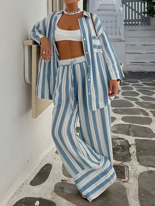 Loose Fit Shirt And Wide Leg Pants Set For Resortwear