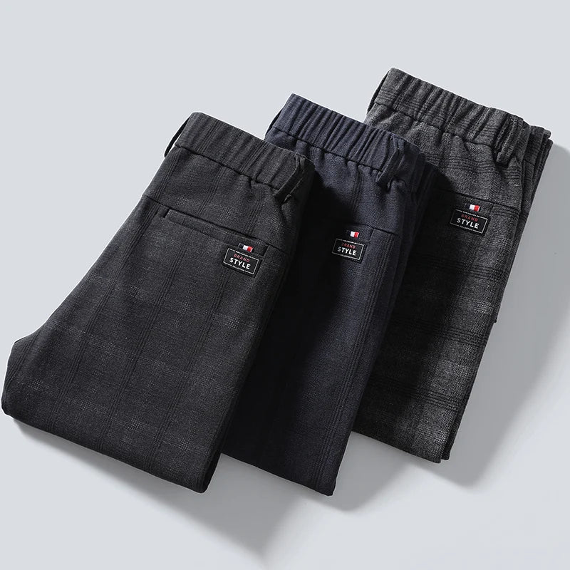 Men's Plaid Stretch Pants Regular Fit Casual Business Trousers