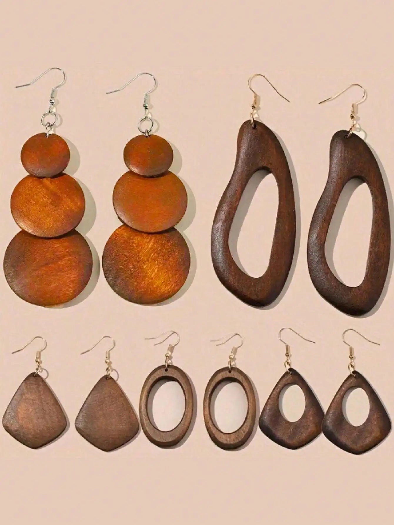 Vintage Wooden Dangle Earrings Set Five Pairs Boho Statement Jewelry