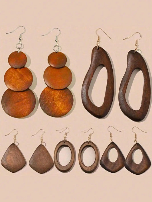 Vintage Wooden Dangle Earrings Set Five Pairs Boho Statement Jewelry