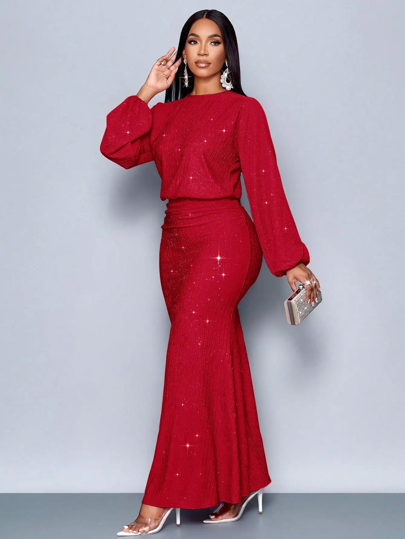 Mermaid Hem Bodycon Maxi Dress With Sequins And Puff Sleeves