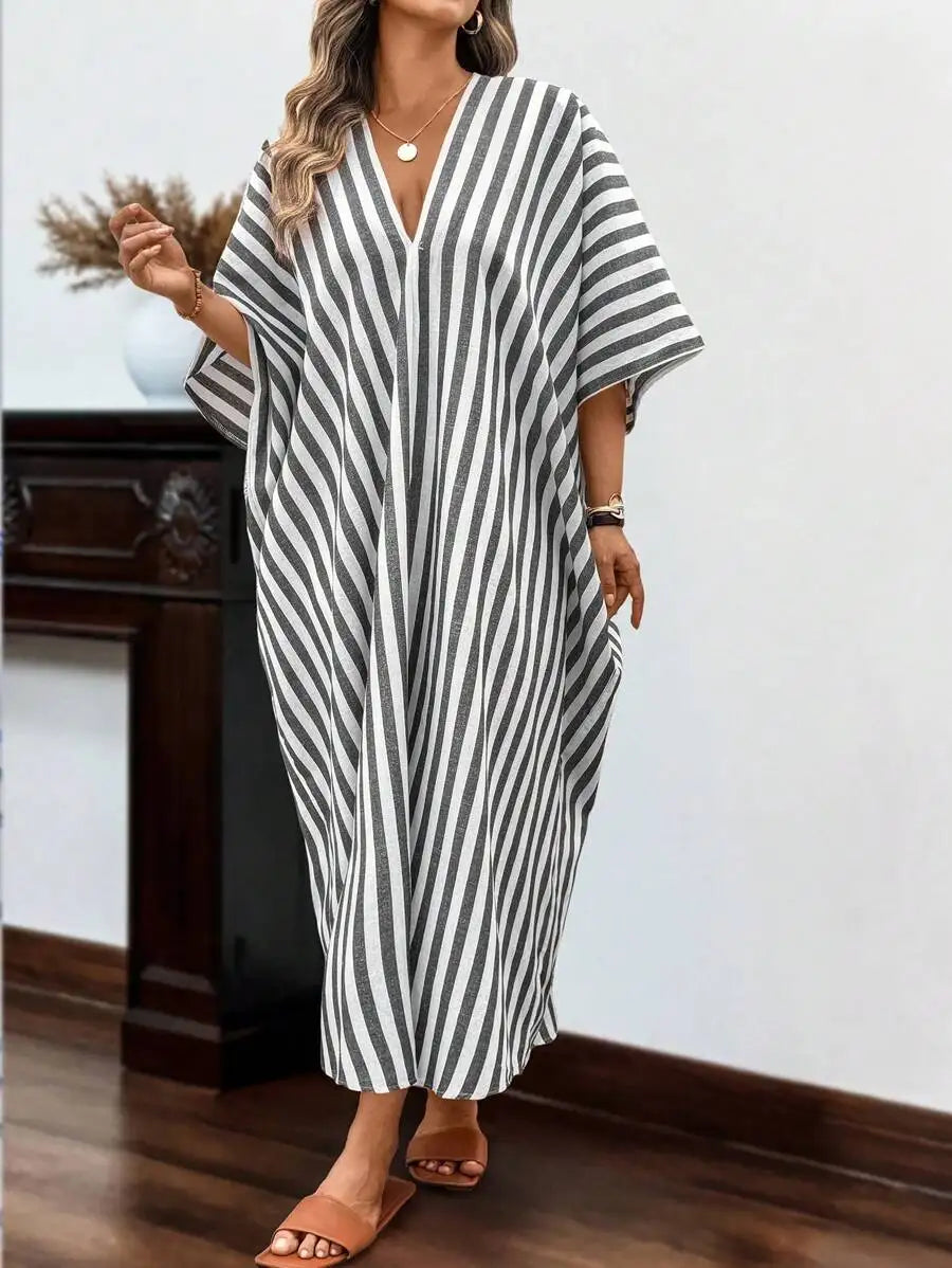 Loose Striped Linen V-Neck Batwing Sleeve Maxi Dress