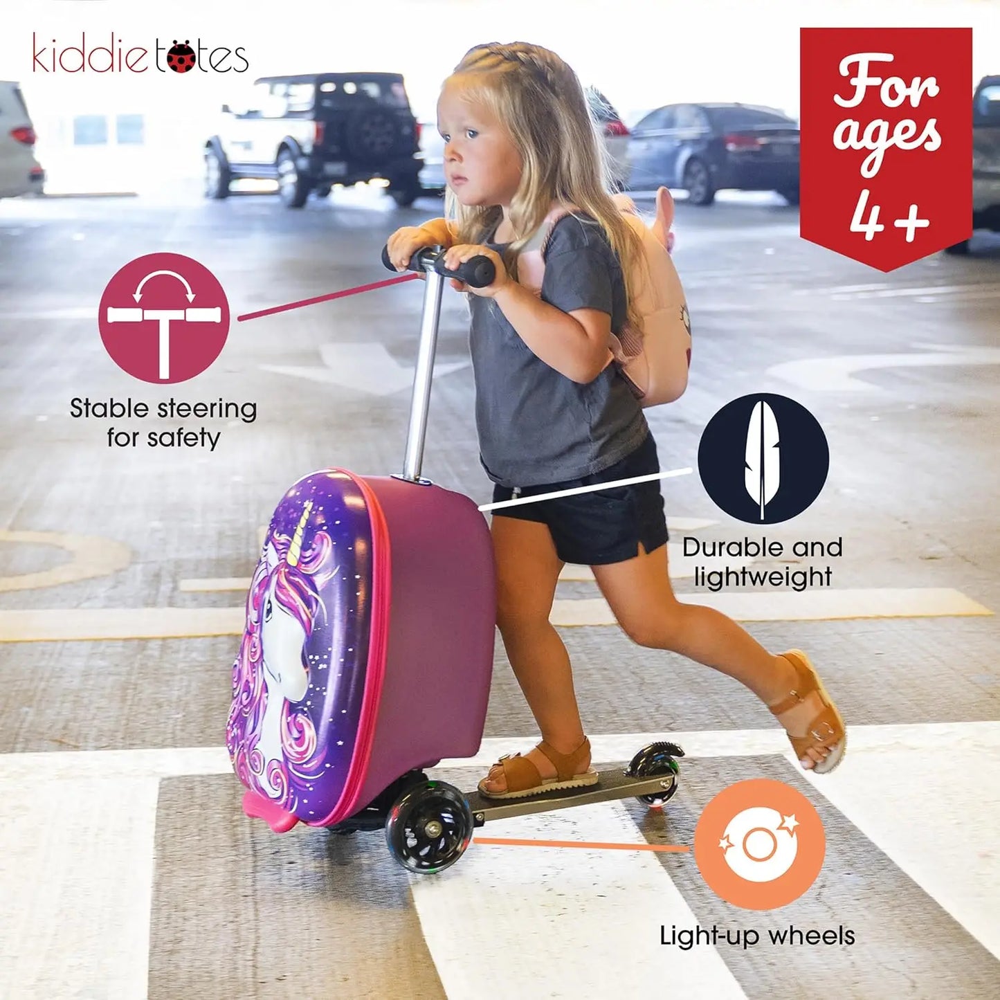 Kids Scooter Suitcase Hardside Carry-On With LED Wheels