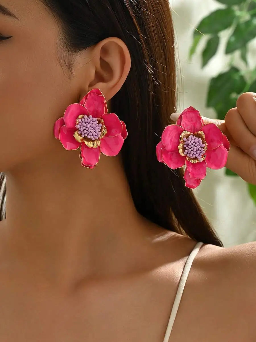Floral Double Layer Stud Earrings Fabric Flower Design Beach Wear