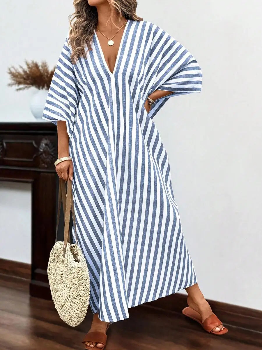 Loose Striped Linen V-Neck Batwing Sleeve Maxi Dress