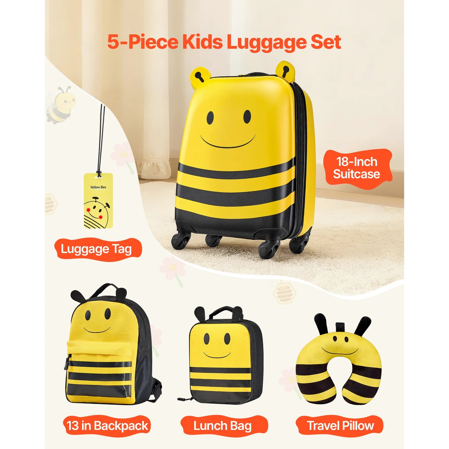 Kids Luggage Set 5 Piece Backpack Neck Pillow Lunch Bag Luggage Tag Bee Theme