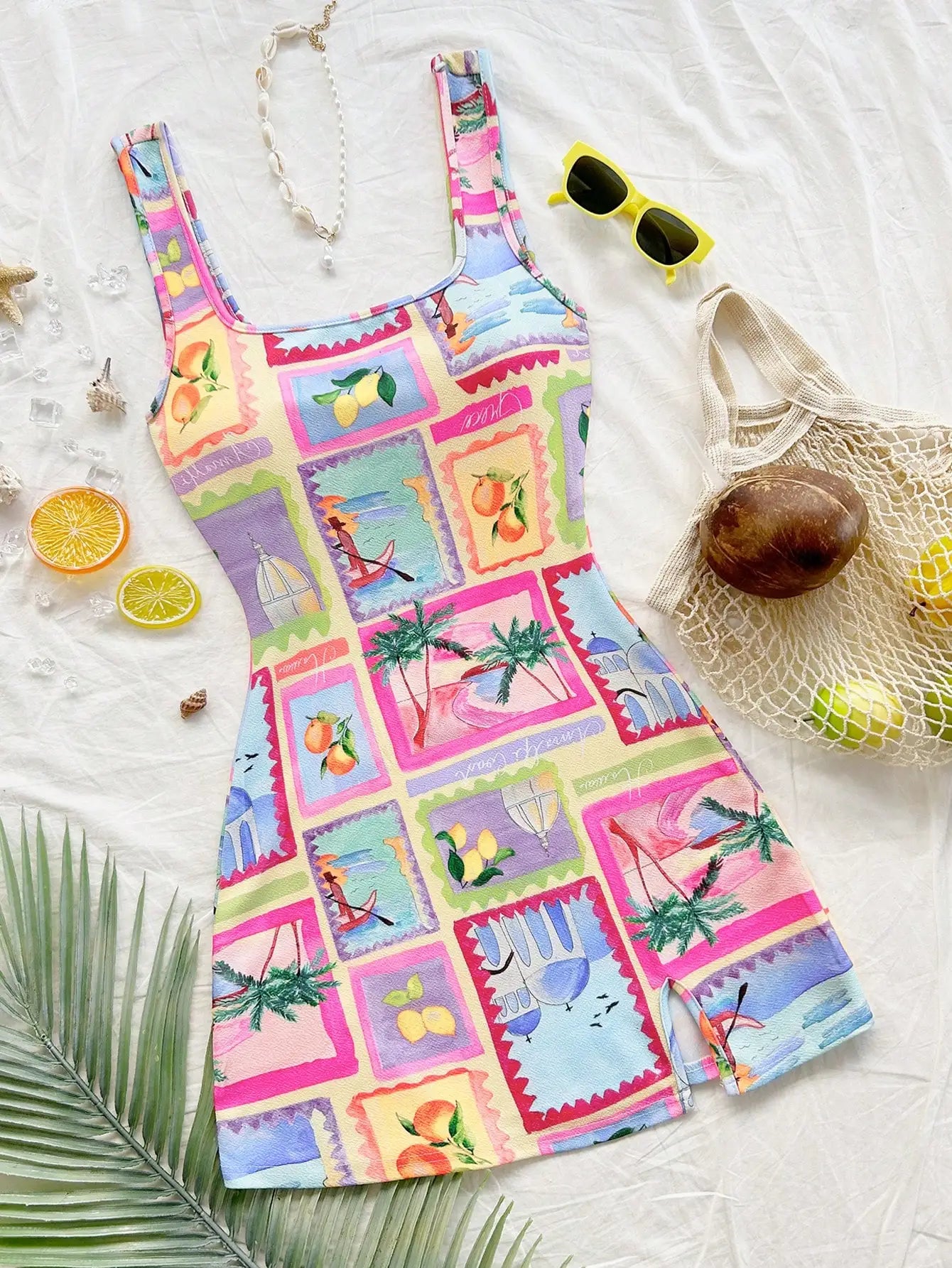 Women's Casual Ocean Life Print Backless Slit Hem Mini Dress