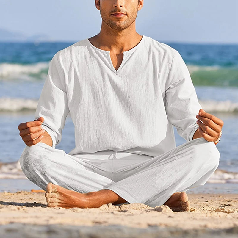 Men's Summer Loungewear Set Polyester Spandex Henley Shirt Pants