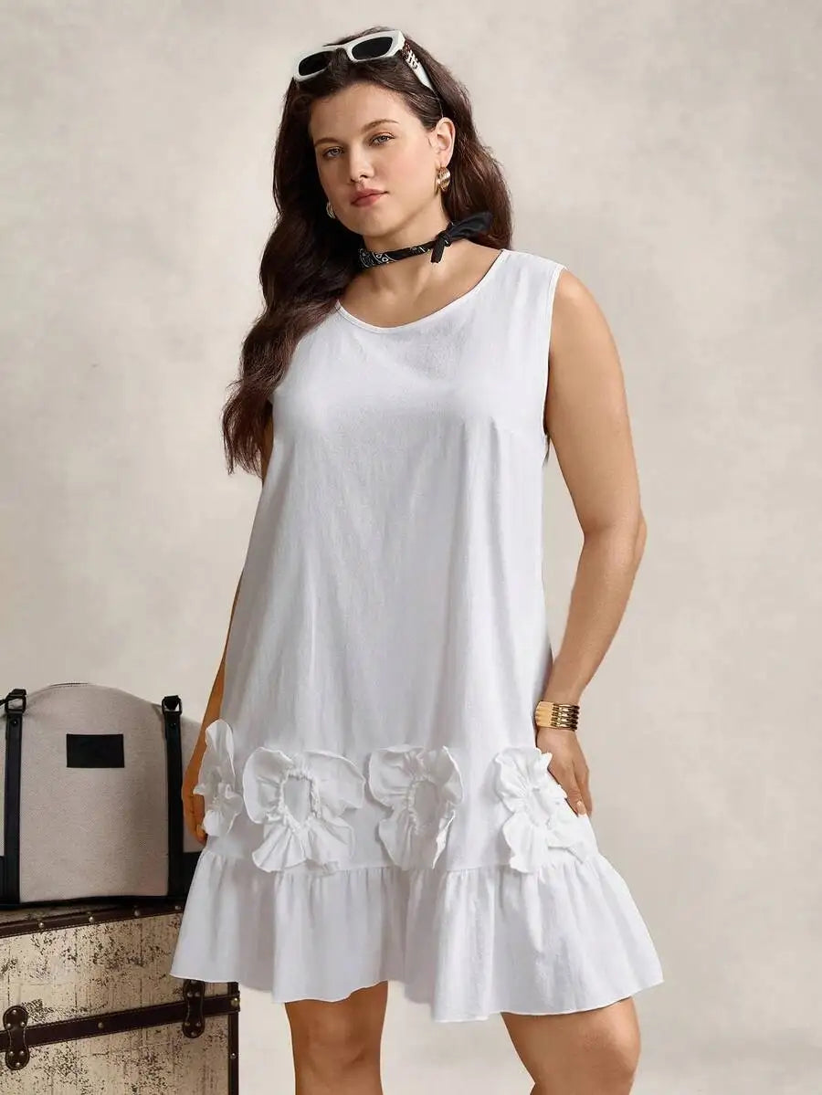 Sleeveless Round Neck Cotton Dress With 3D Floral Ruffles