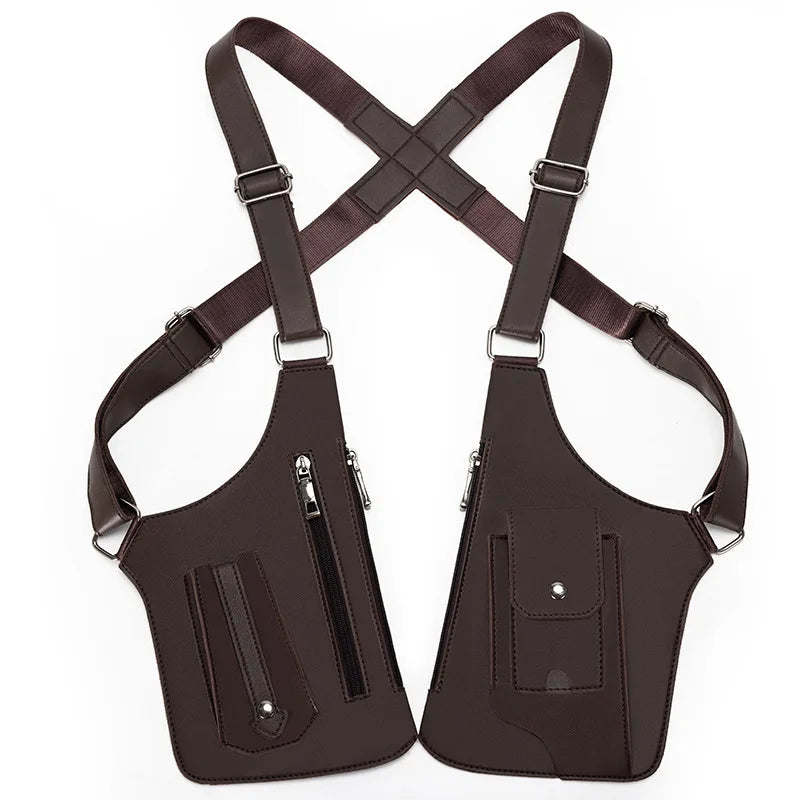 Mens Tactical Vest Bag PU Leather Phone Pouch Underarm Pack