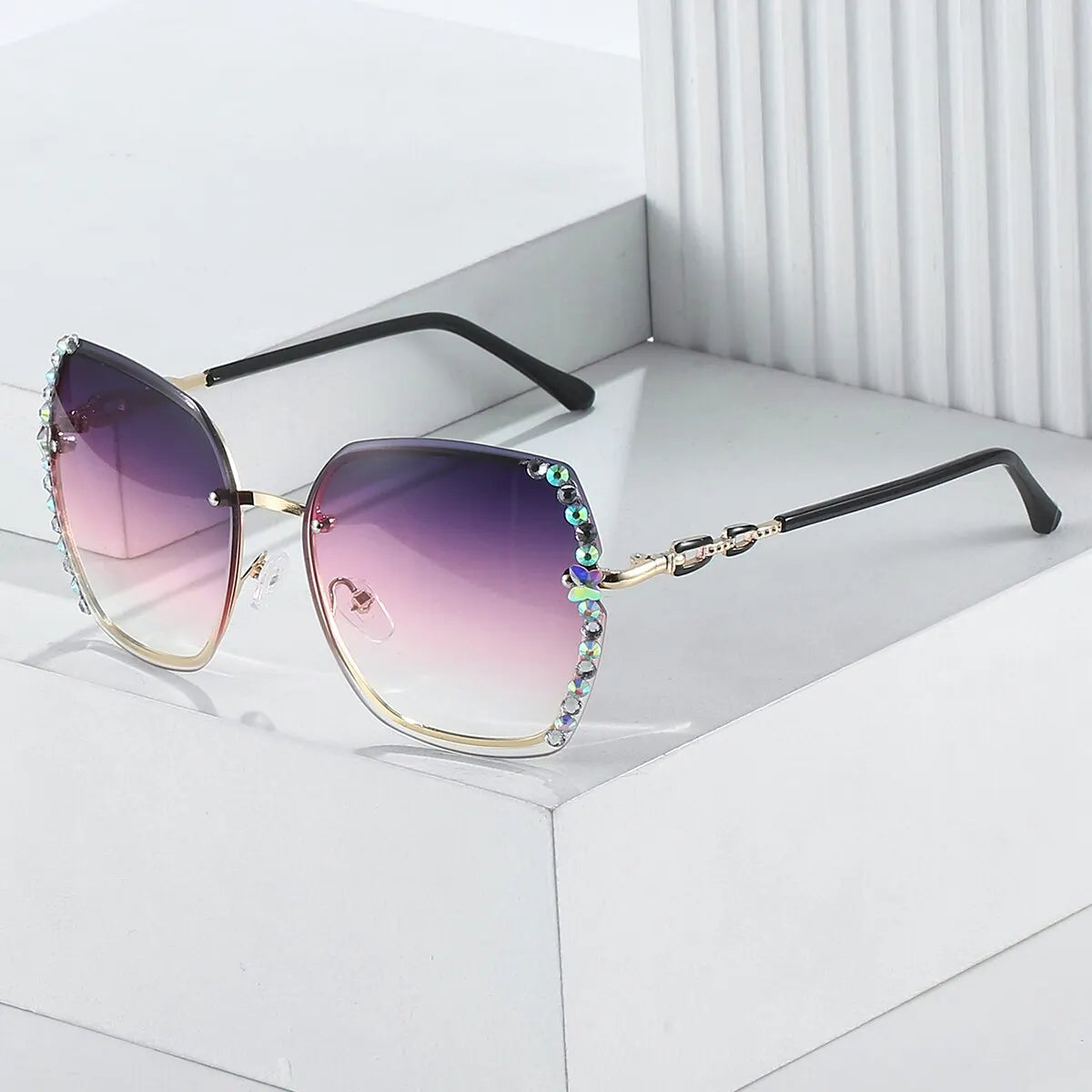 Rhinestone Rimless Fashion Sunglasses Women Men Gradient UV400 Protection