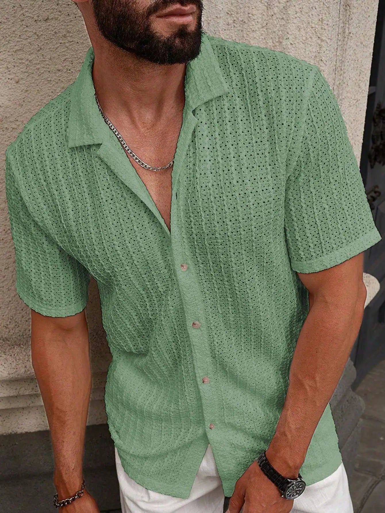 Men's Casual Short Sleeve Button-Down Shirt With Eyelet Texture