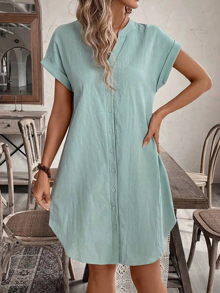 Women's Button Front Short Sleeve Mini Dress 100 Percent Cotton