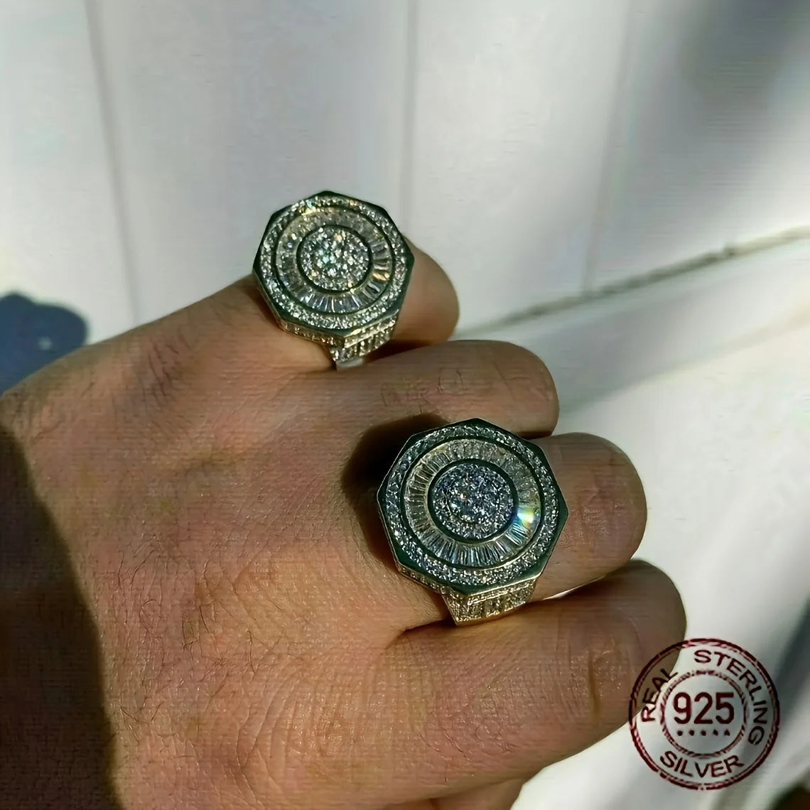 Men's Sterling Silver Octagon Hip Hop Ring Baguette