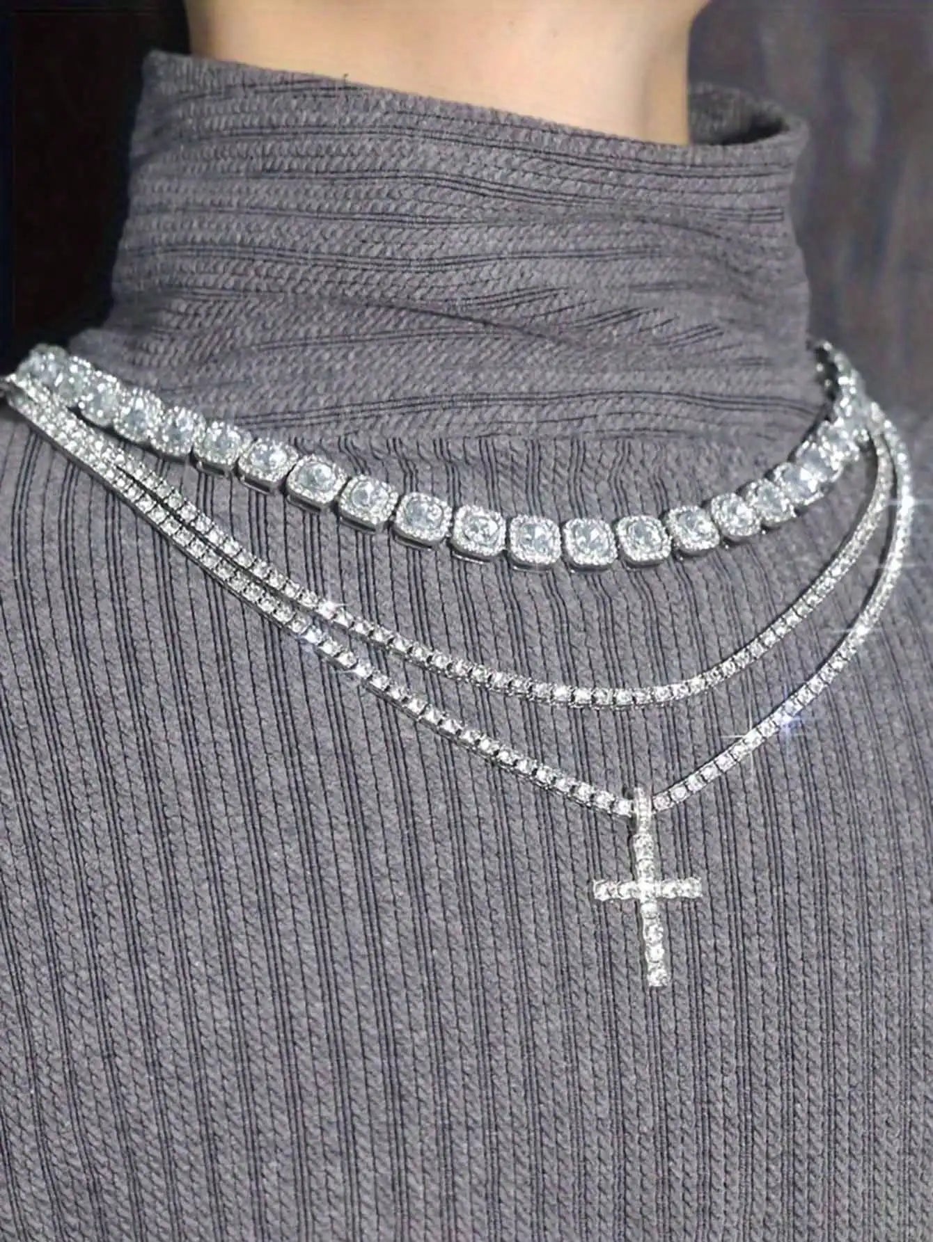 Layered Iced Out Tennis Chain Necklace With Cross Pendant