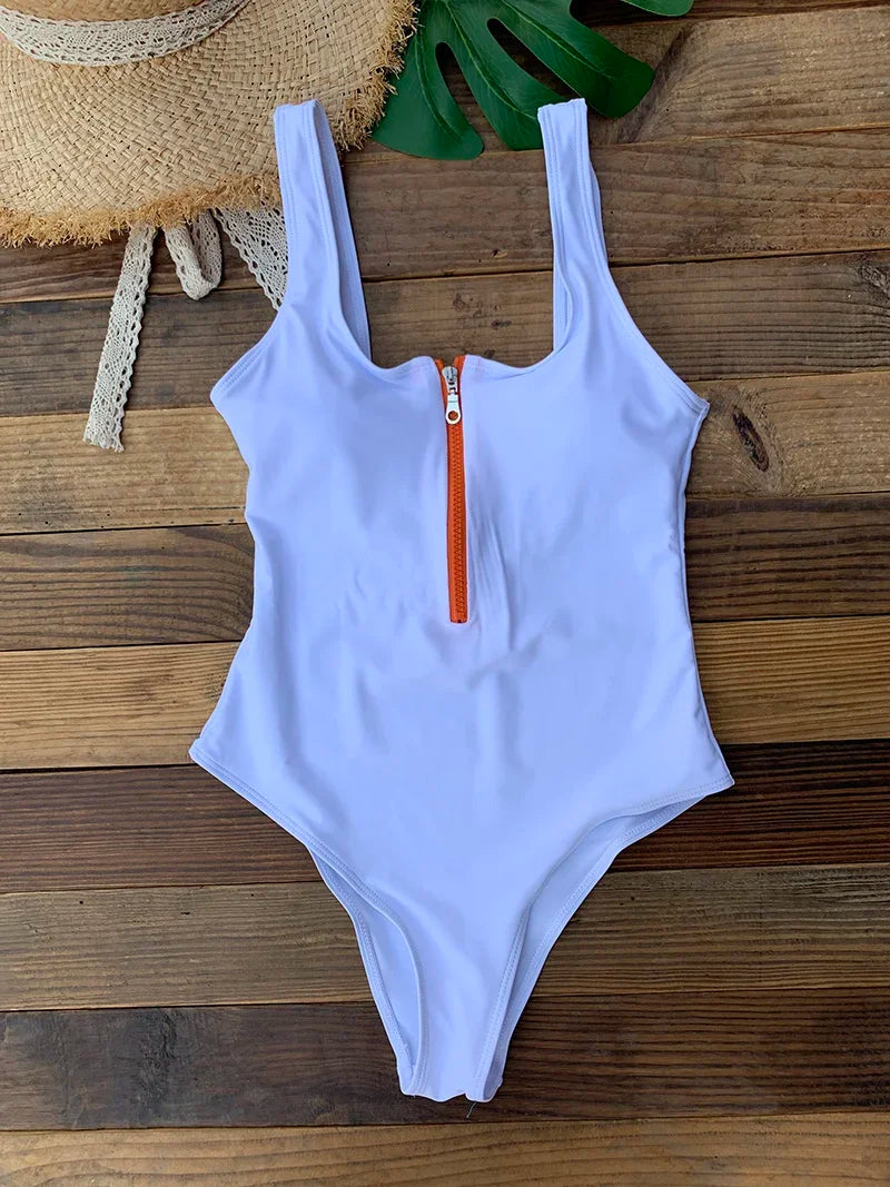 Front Zip Up One Piece Swimsuit Monokini Backless Beachwear Women
