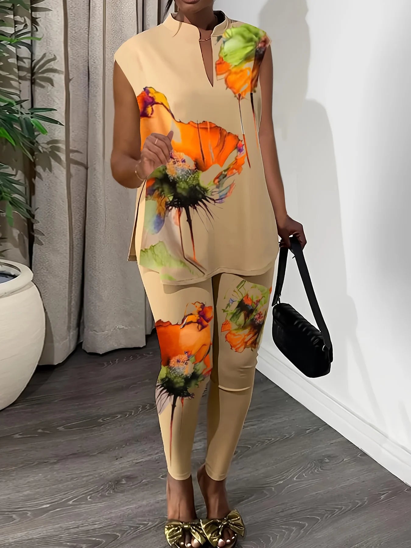 Floral Print Sleeveless V Neck Slit Suit For Spring Summer
