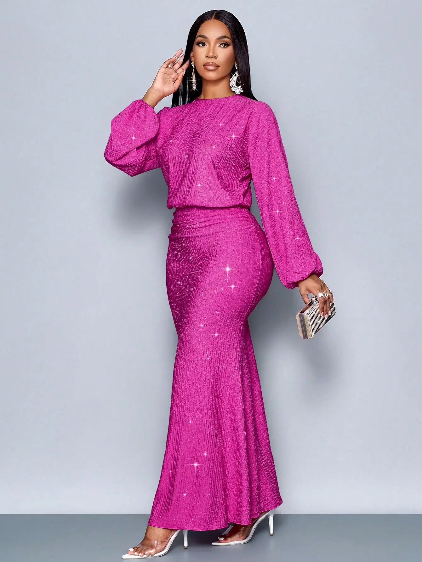 Mermaid Hem Bodycon Maxi Dress With Sequins And Puff Sleeves