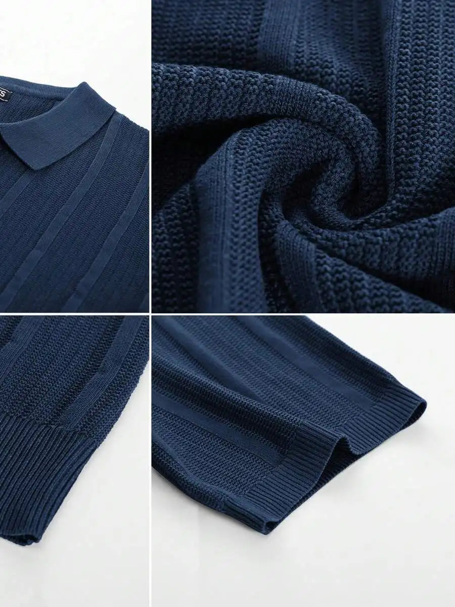 Men's Short-Sleeve Knitted Polo Shirt With Vertical Ribbed Texture