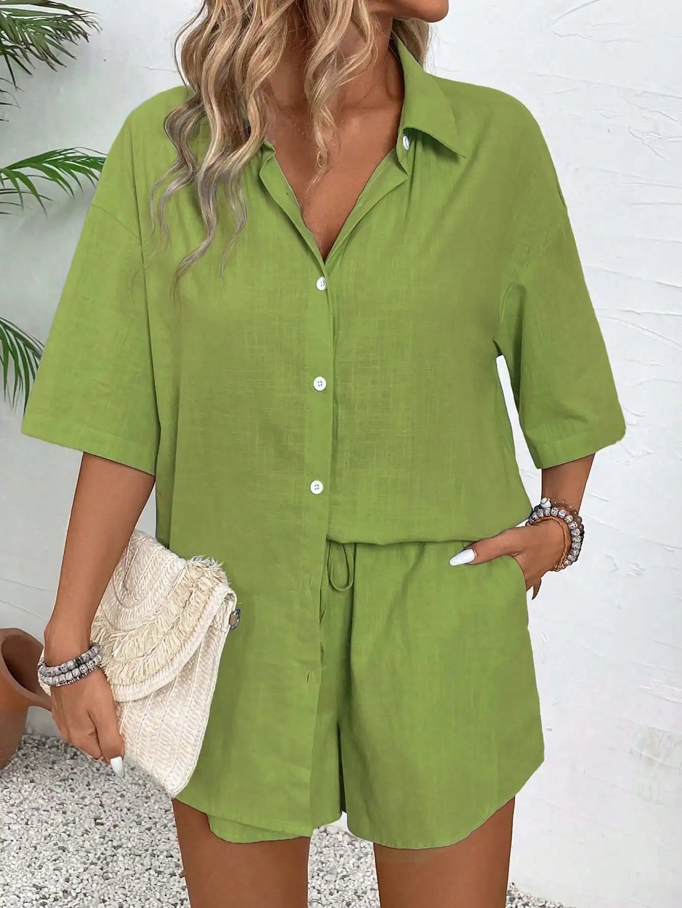Two Piece Button Front Shirt And Drawstring Shorts Set