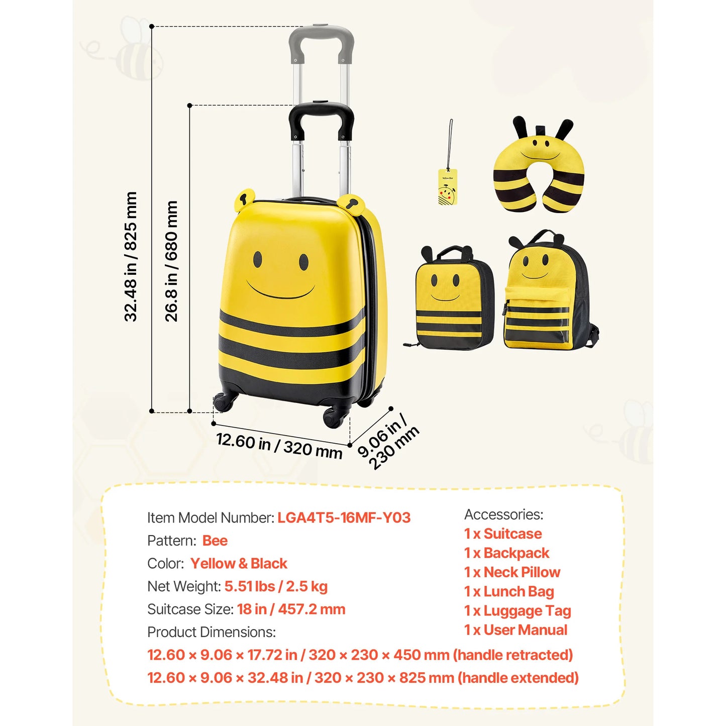 Kids Luggage Set 5 Piece Backpack Neck Pillow Lunch Bag Luggage Tag Bee Theme